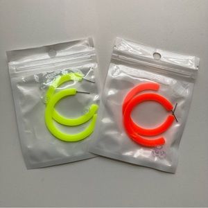 Two pairs of Neon 80s / 90s style acrylic hoop earrings: neon orange, yellow NWT